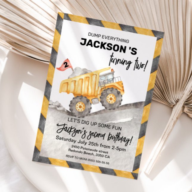 Cute Construction Dump Truck 2nd birthday party Invitation (Construction dump truck birthday invitation)