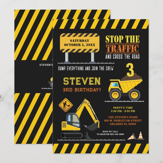 Cute Construction Dump Truck Birthday Boys Party  Invitation (Front/Back)