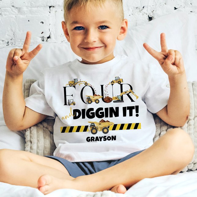 Cute Construction Dump Truck Boy 4th Birthday Toddler T-shirt (Cute FOUR and Diggin It dump truck digger loader construction theme toddler boy 4th birthday shirt)