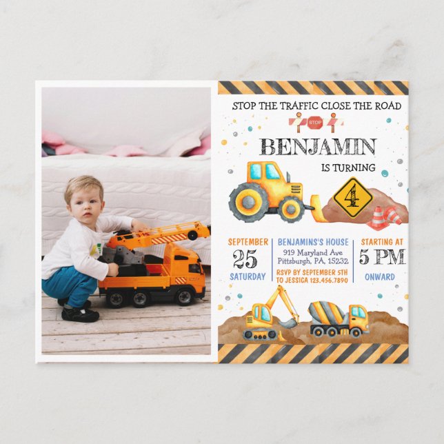 Cute Construction Dump Truck Kids Birthday Party Postcard (Front)