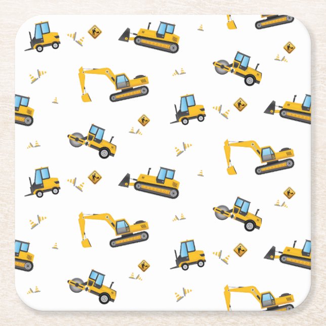 Cute Construction Dump Truck Pattern Kids Birthday Square Paper Coaster (Front)