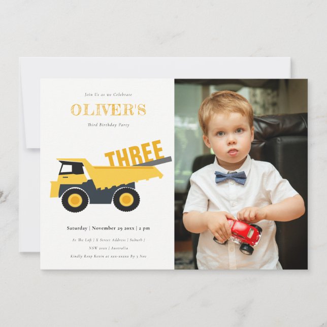 Cute Construction Dump Truck Photo Birthday Invite (Front)