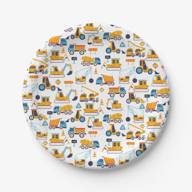 Cute Construction Dump Trucks Cars Birthday Party Paper Plates (Front)