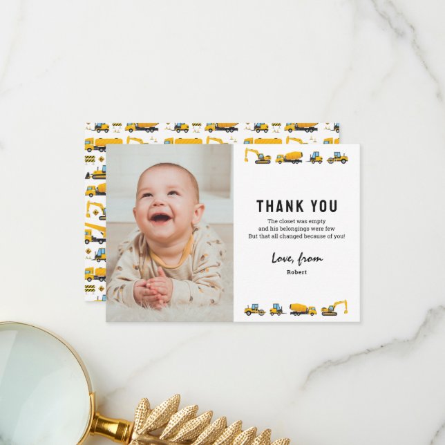 Cute Construction Photo Birthday Thank You Note Card (Front/Back In Situ)