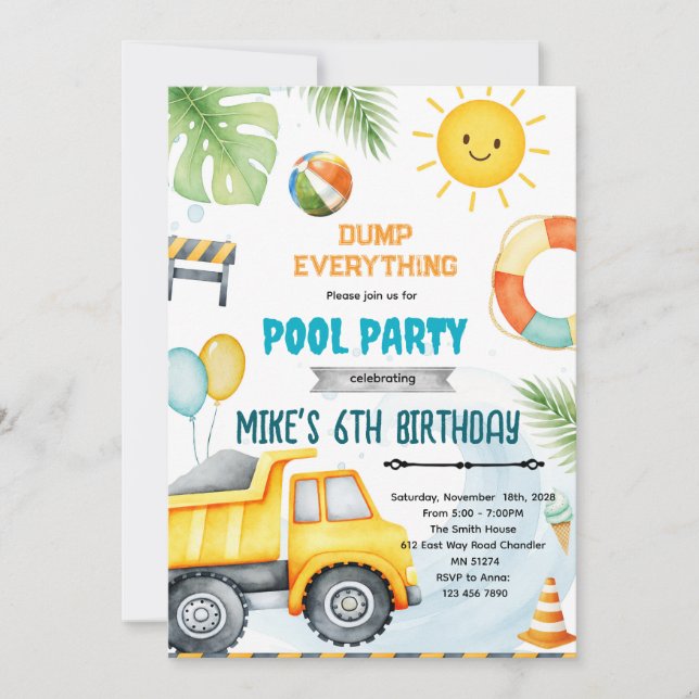 Cute construction pool theme invitation (Front)