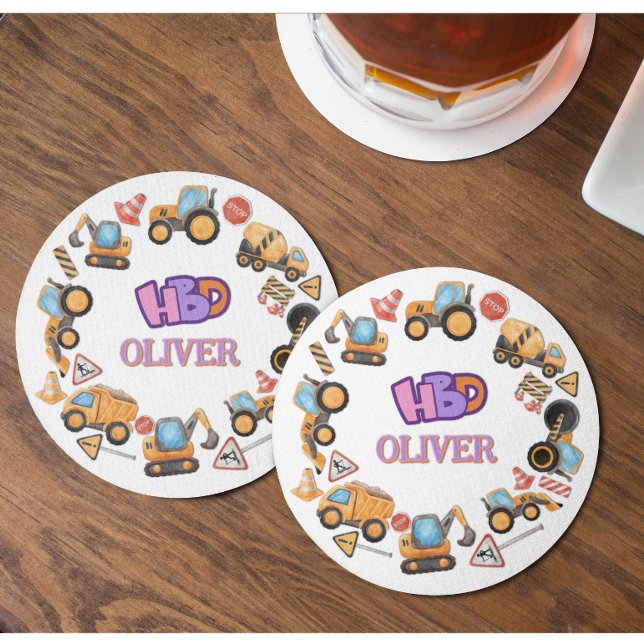 Cute Construction Theme Birthday Party Round Paper Coaster (Creator Uploaded)