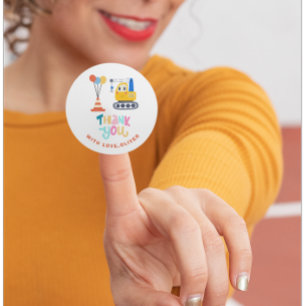 Cute Construction Theme Birthday Thank You Classic Round Sticker