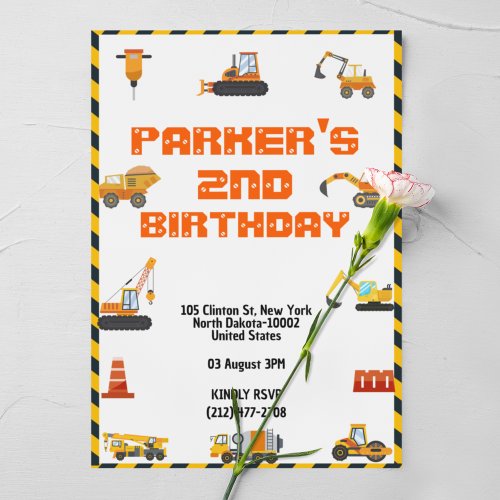 Cute Construction Theme Kids Birthday Party Invit Invitation