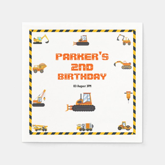 Cute Construction Theme Kid's Birthday Party Napkins (Front)
