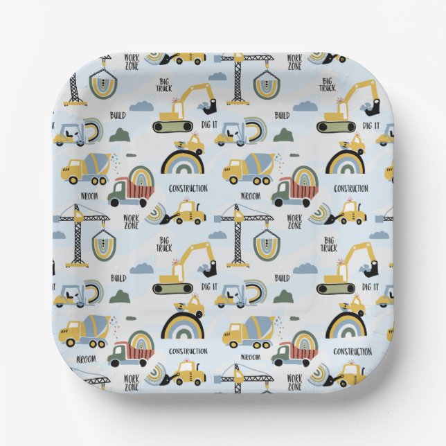 Cute Construction Theme Party Paper Plates (Front)