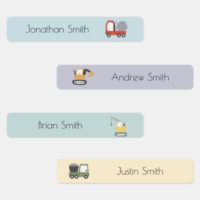 Cute Construction Truck Illustration Custom Name Kids' Labels (Group)