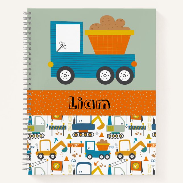 Cute Construction Truck Name Boys Notebook (Front)