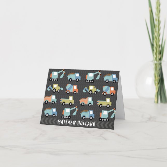 Cute Construction Trucks Personalized Stationery Letterpress Thank You Card (Front)