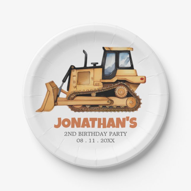 Cute Construction Vehicle Bulldozer Birthday Party Paper Plates (Front)