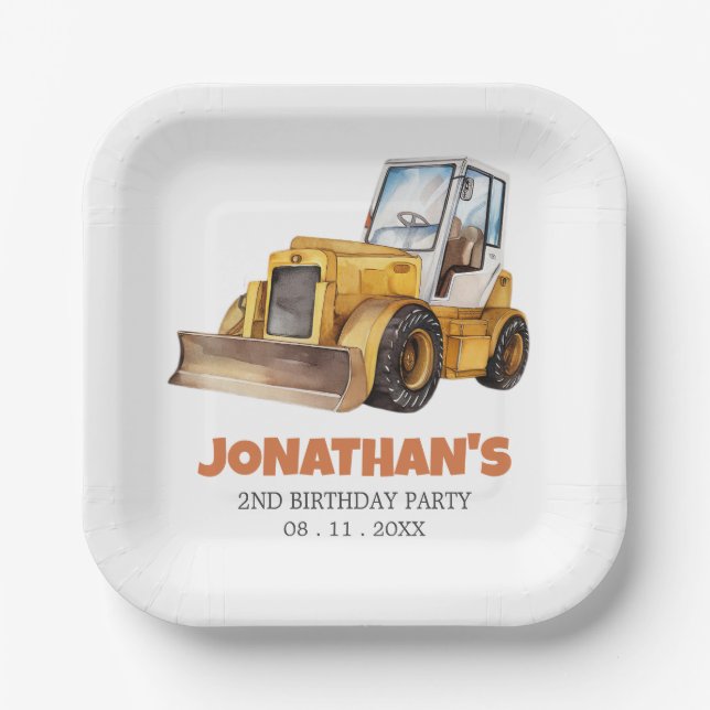 Cute Construction Vehicle Bulldozer Birthday Party Paper Plates (Front)