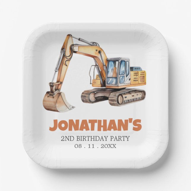 Cute Construction Vehicle Excavator Birthday Party Paper Plates (Front)