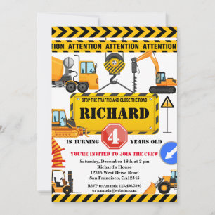 Cute Construction Vehicle Kids Birthday Party Invitation