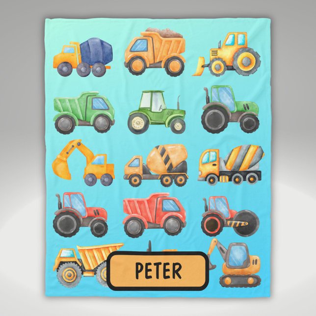 Cute Construction Vehicles Boys Personalized Fleece Blanket (Creator Uploaded)