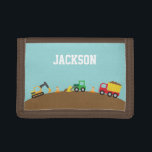 Cute Construction Vehicles For Boys Tri-fold Wallet<br><div class="desc">Boys who love construction vehicles,  toys and machines are going to love this design that has lots of construction theme elements like a cute red and yellow dump truck carrying the debris,  an orange excavator,  a green front loader pushing dirt,  orange and white cones. Personalise with child's name.</div>