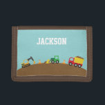 Cute Construction Vehicles For Boys Tri-fold Wallet<br><div class="desc">Boys who love construction vehicles,  toys and machines are going to love this design that has lots of construction theme elements like a cute red and yellow dump truck carrying the debris,  an orange excavator,  a green front loader pushing dirt,  orange and white cones. Personalise with child's name.</div>