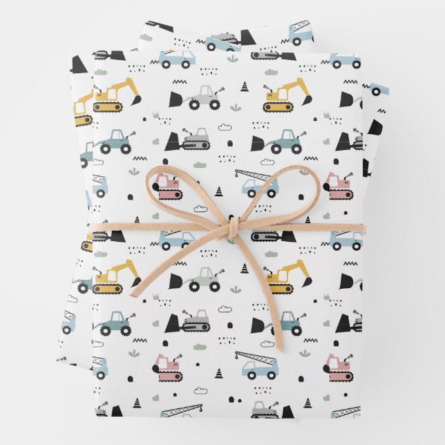 Cute Construction Vehicles Pattern Wrapping Paper Sheets (In situ)