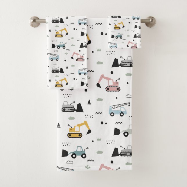Cute Construction Vehicles Seamless Pattern Bath Towel Set (Insitu)