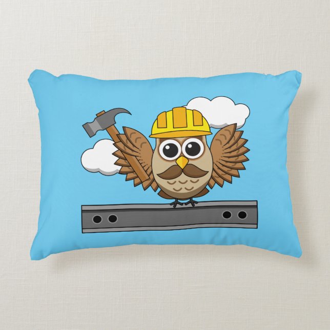 Cute Construction Worker Owl with Hard Hat Cartoon Accent Pillow (Front)