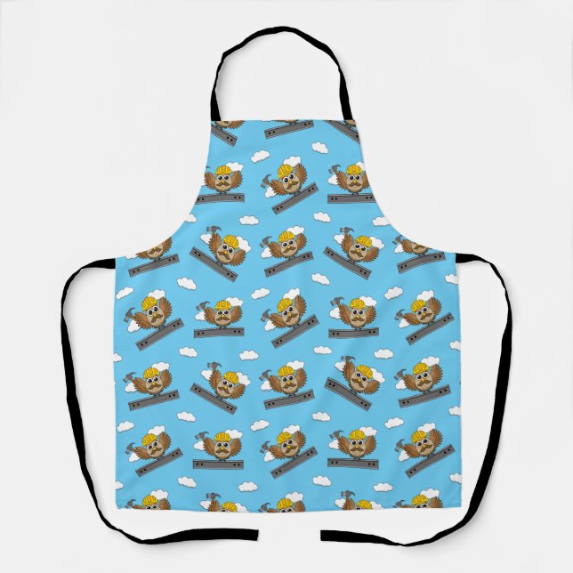 Cute Construction Worker Owl with Hard Hat Cartoon Apron (Front)