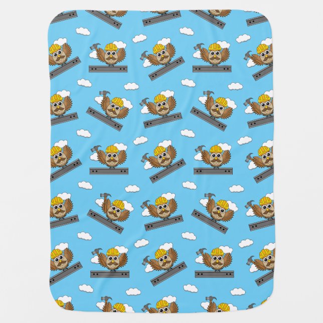 Cute Construction Worker Owl with Hard Hat Cartoon Baby Blanket (Front)