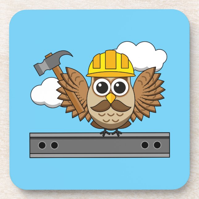 Cute Construction Worker Owl with Hard Hat Cartoon Beverage Coaster (Front)
