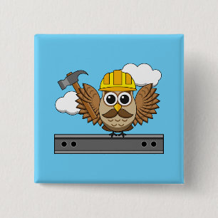 Cute Construction Worker Owl with Hard Hat Cartoon Button