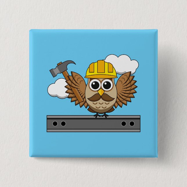 Cute Construction Worker Owl with Hard Hat Cartoon Button (Front)