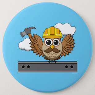 Cute Construction Worker Owl with Hard Hat Cartoon Button