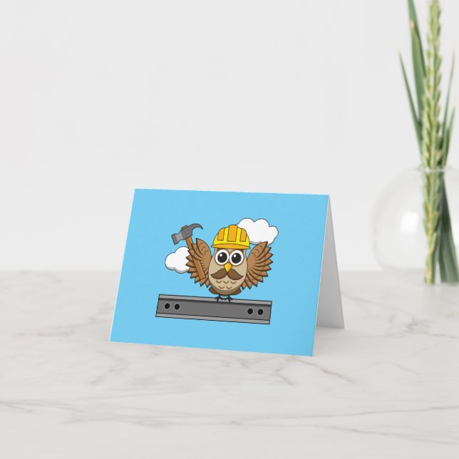 Cute Construction Worker Owl with Hard Hat Cartoon Card (Front)