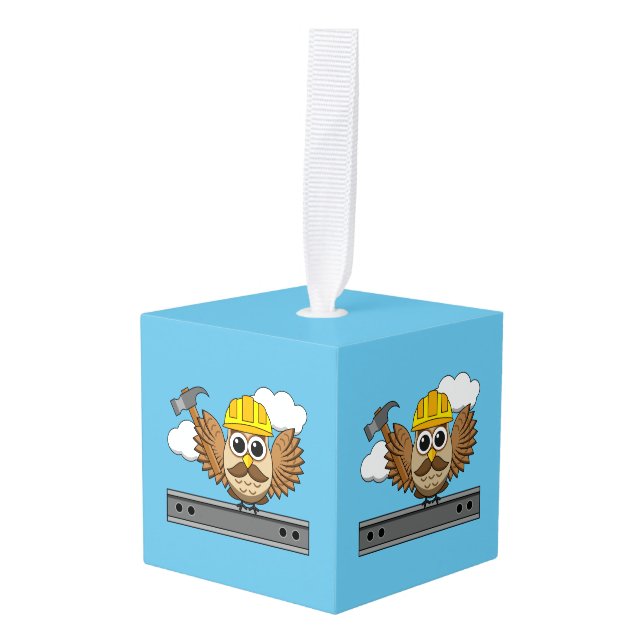 Cute Construction Worker Owl with Hard Hat Cartoon Cube Ornament (Front Angled)