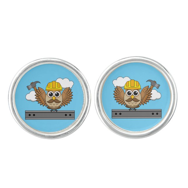 Cute Construction Worker Owl with Hard Hat Cartoon Cufflinks (Front)