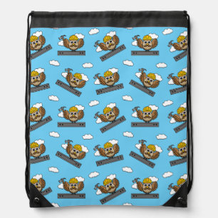 Cute Construction Worker Owl with Hard Hat Cartoon Drawstring Bag