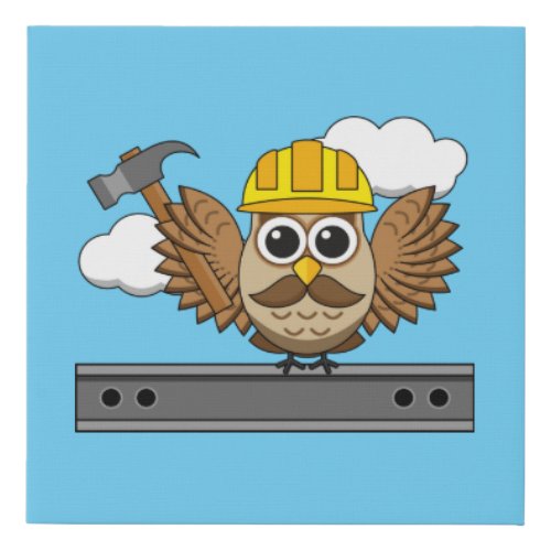 Cute Construction Worker Owl with Hard Hat Cartoon Faux Canvas Print