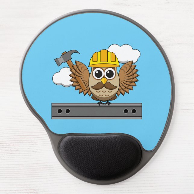 Cute Construction Worker Owl with Hard Hat Cartoon Gel Mouse Pad (Front)