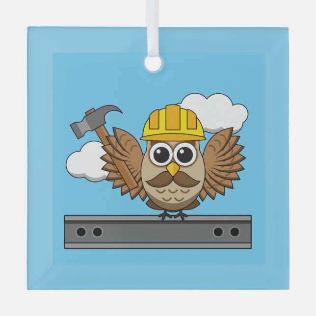Cute Construction Worker Owl with Hard Hat Cartoon Glass Ornament (Front)