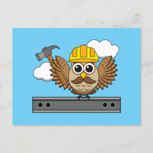 Cute Construction Worker Owl with Hard Hat Cartoon Holiday Postcard
