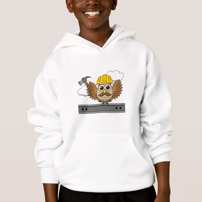 Cute Construction Worker Owl with Hard Hat Cartoon Hoodie (Front)