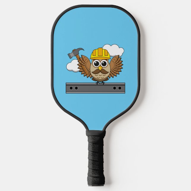 Cute Construction Worker Owl with Hard Hat Cartoon Pickleball Paddle (Front)