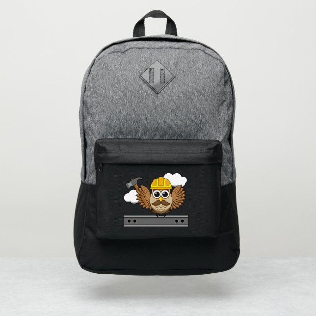 Cute Construction Worker Owl with Hard Hat Cartoon Port Authority® Backpack (Front)