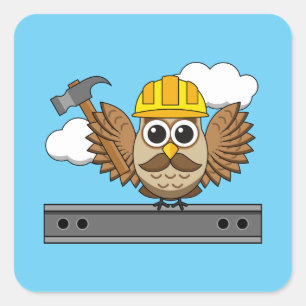 Cute Construction Worker Owl with Hard Hat Cartoon Square Sticker