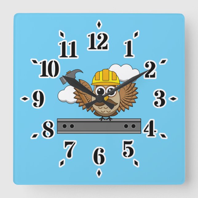 Cute Construction Worker Owl with Hard Hat Cartoon Square Wall Clock (Front)