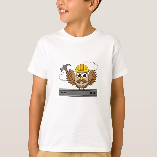 Cute Construction Worker Owl with Hard Hat Cartoon T-Shirt (Front)