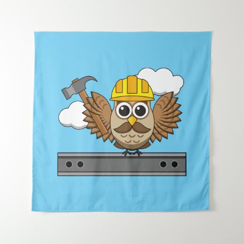 Cute Construction Worker Owl with Hard Hat Cartoon Tapestry