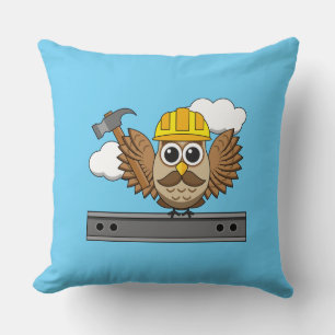 Cute Construction Worker Owl with Hard Hat Cartoon Throw Pillow