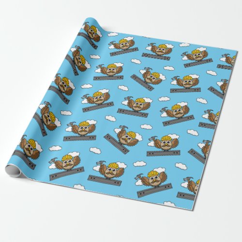 Cute Construction Worker Owl with Hard Hat Cartoon Wrapping Paper